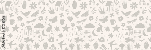 Hand drawn seamless pattern with doodle silhouette objects. Animals, stars, flowers, cute little symbols. Perfect for textile or paper wrapping design. Vector illustration