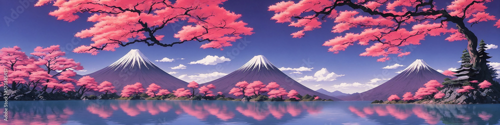 Fototapeta premium Japan, sunset, trees growing near water. landscape panorama. AI.