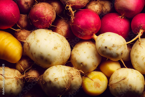 Overhead shot of various root vegetables, generative AI