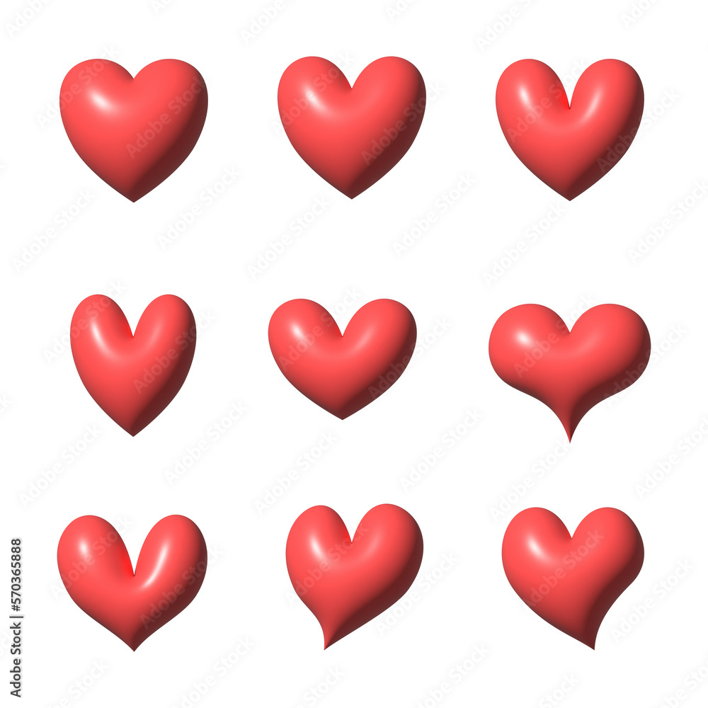 Set of different 3d red heart icons