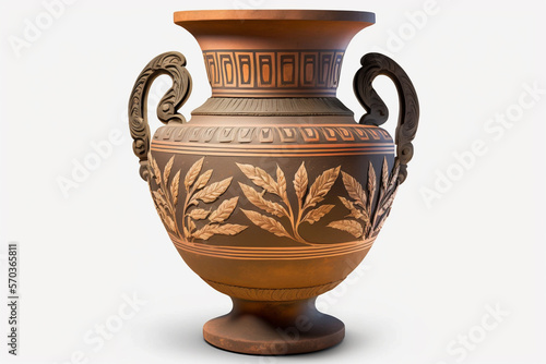 Authentic Ancient Greek Antique Minoan Clay Pot Vase, Featuring Handcrafted Traditional Designs on a Pure White Background