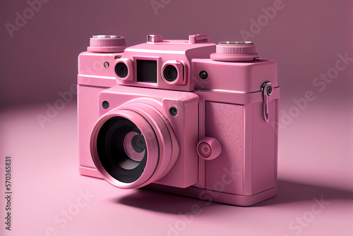 3d pink camera in flat style on light blue background. 3d render. Generative Ai