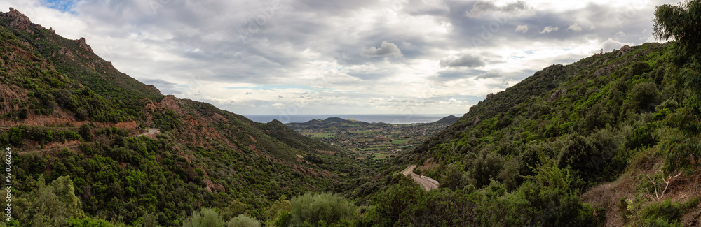Obraz premium Scenic Road in the Mountains on the Sea Coast. Near Foxi Manna, Sardinia, Italy. Panorama