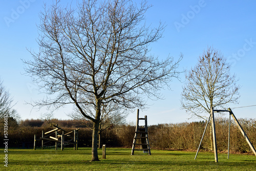 Children's playground equipment amongst leafless trees in winter