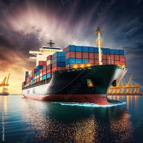 ship port for business logistics and transportation of container cargo ship and cargo plane in shipyard at sunrise with working crane bridge, generative ai