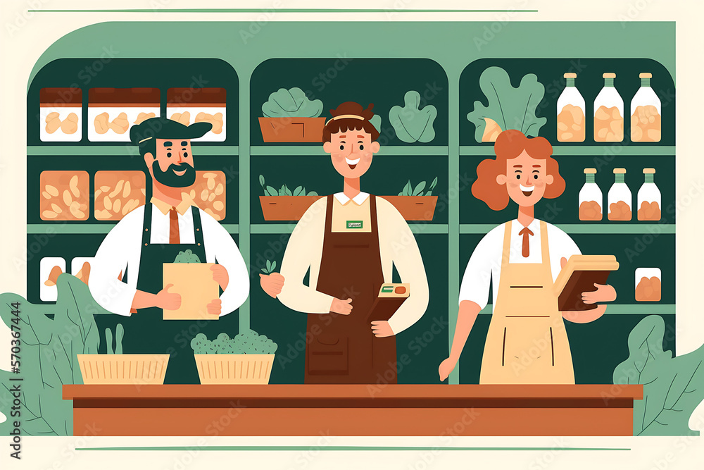 Flat vector illustration Grocery store clerks smiling happily in their store Flat vector illustration Grocery store clerks smiling happily in their store