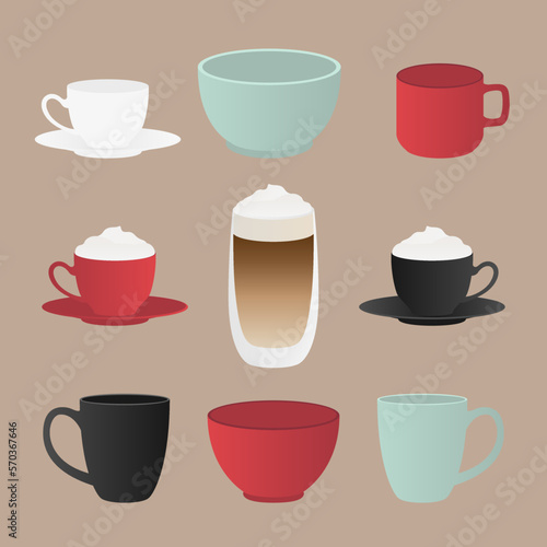 Collection de tasse et bol pour boire des boissons chaudes comme du thé ou du café avec de la crème