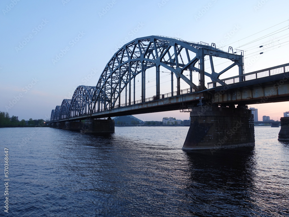 The railway bridge across the river Daugava in Riga