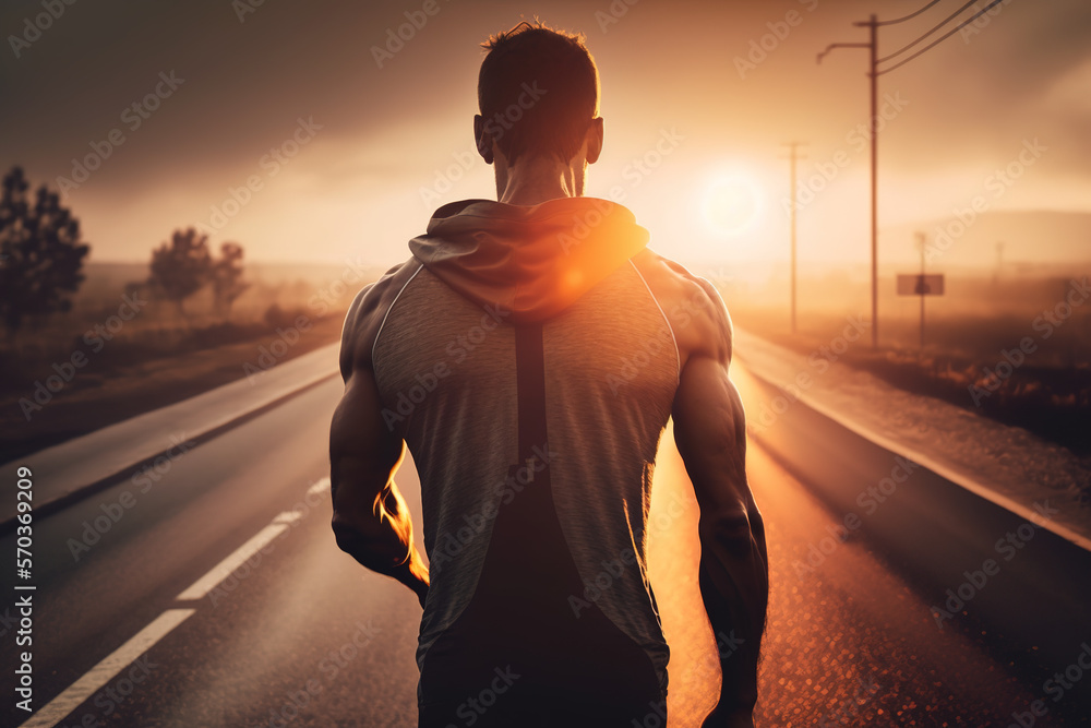 Close up Athletic man walking on a road