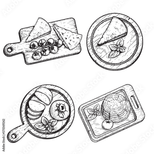 Traditional Italian cheese set. Mozzarella, Burratta, Gorgonzola and Parmesan with basil leaves and tomatoes on the cutting wooden board. Hand drawn sketch style. Vector illustration.