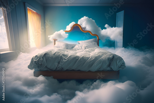 Fotografie, Obraz Cozy large double-steel bed with soft white fluffy linen and filler like clouds are shrouded in a bedroom