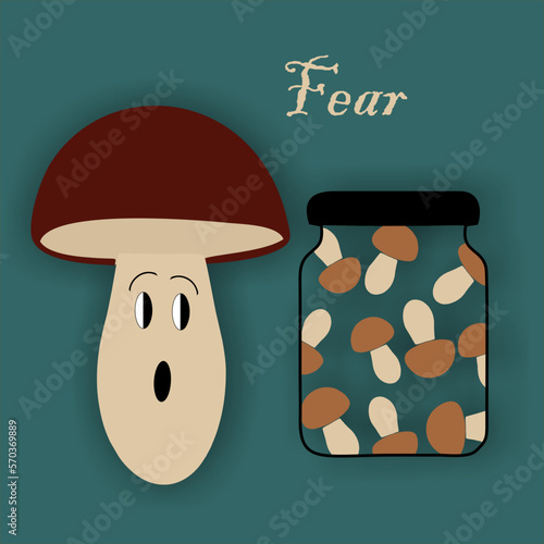The mushroom looks at the jar of pickled mushrooms and is afraid. Vector illustration. Sticker.