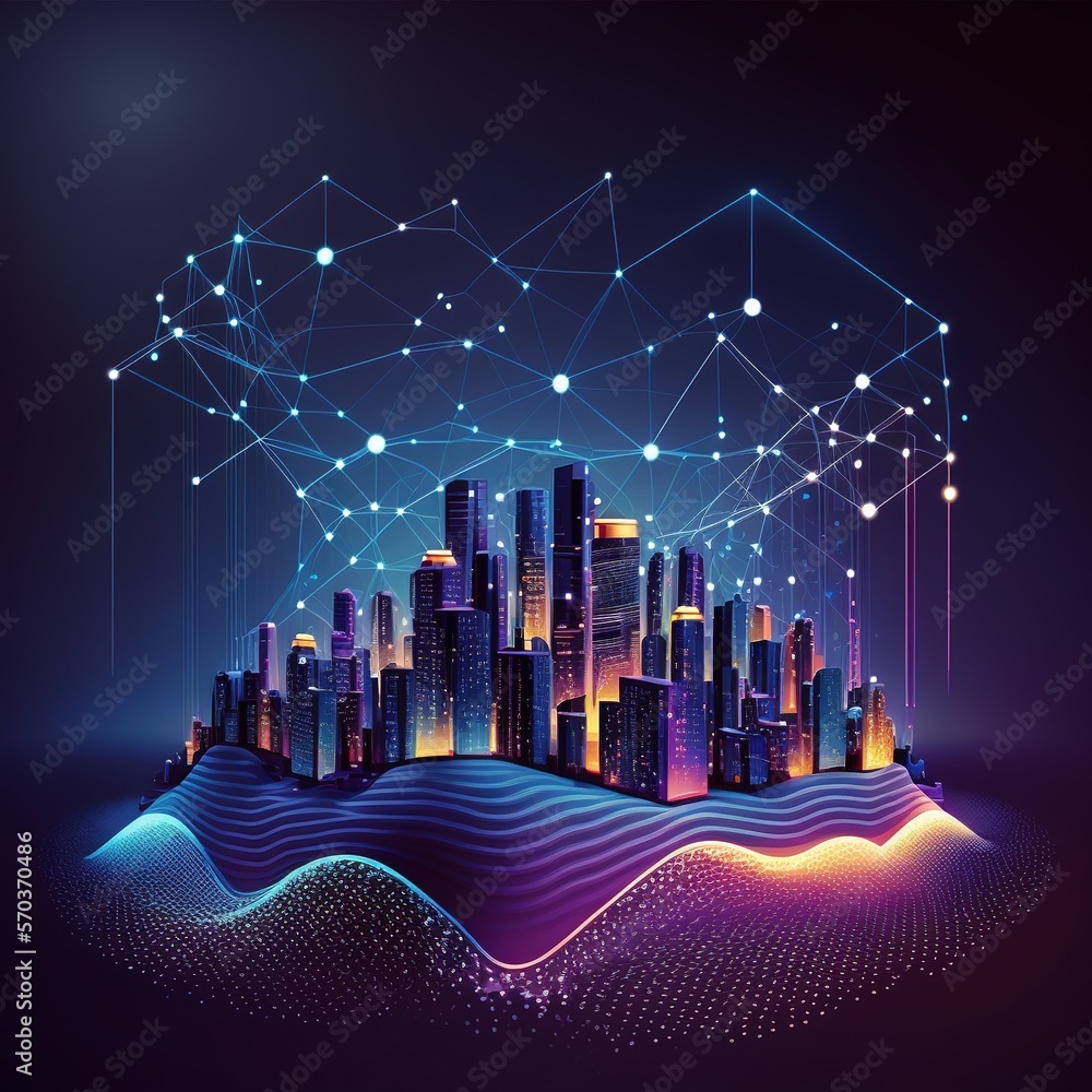 Dot point for smart cities connect with a gradient grid line, metaverse
