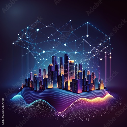 Dot point for smart cities connect with a gradient grid line  metaverse connection technology concept  generative ai