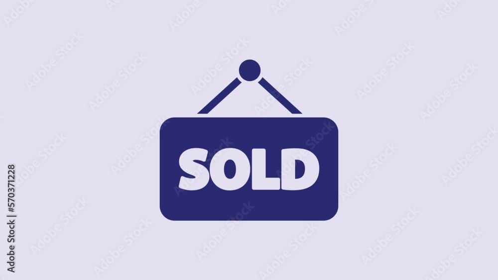Blue Hanging sign with text Sold icon isolated on purple background. Sold sticker. Sold signboard. 4K Video motion graphic animation