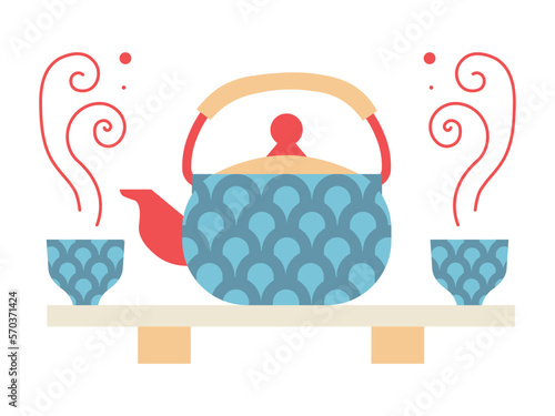 Traditional Asian Tea Ceremony Kettle and Cups