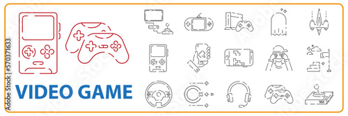 Video games line icon set. Game genres and attributes. Computer and controller or console. Portable game device mobile