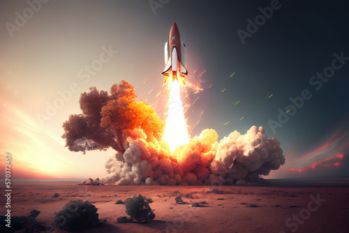 Original Rocket launching on bay blue background, 3D rendering. Generative Ai