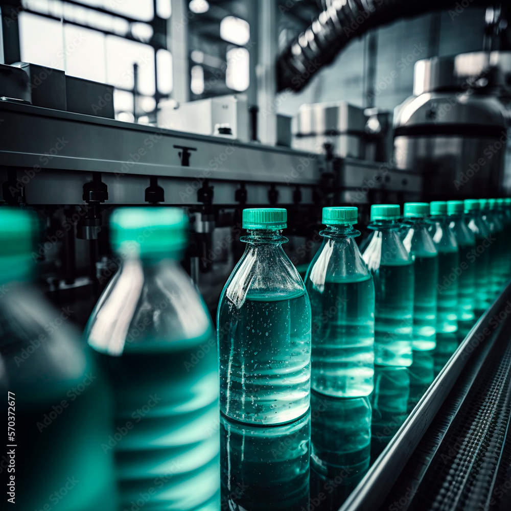 Line of bottling beverages in plastic bottles on factory. Selective focus, generative ai Line of bottling beverages in plastic bottles on factory. Selective focus, generative ai