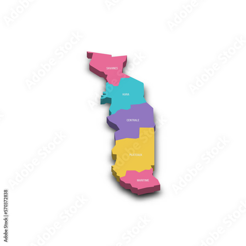 Togo political map of administrative divisions - regions. Colorful 3D vector map with dropped shadow and country name labels.