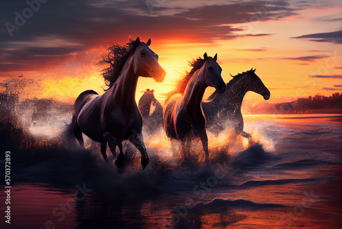 A herd of thoroughbred horses runs along the seashore, raising splashes of water.. AI generated