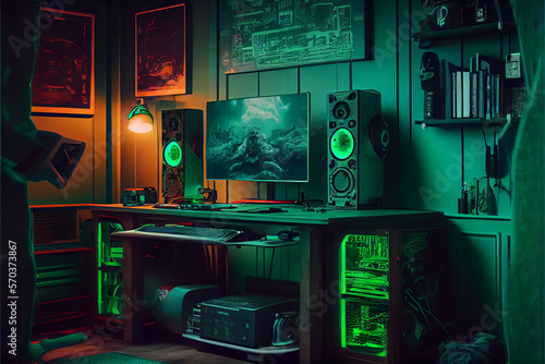 Gaming computer room and hardware and equipment coloured in green acid neon colour. Neon illumination of gaming pc with monitor and hardware. Gamer room concept. High quality ai generated illustration