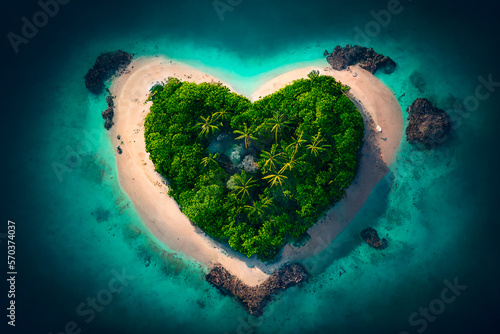 Aerial view of uninhabited heart shaped island landscape , generative ai photo