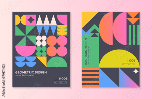 Abstract bauhaus geometric pattern backgrounds with copy space for text.Trendy minimalist geometric designs with simple shapes and elements.Modern artistic vector illustrations.