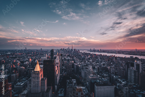 Sunset image of the New York City skyline from midtown 