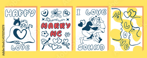 set of postcard posters for valentine's day. Vector objects for design and printing. Decorative elements for valentines day. Simple line designs. Original monochrome illustrations