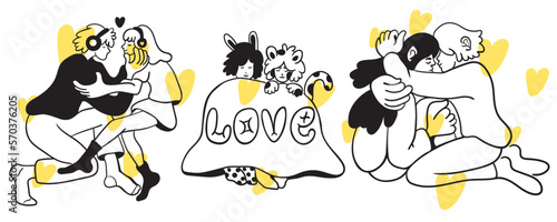set of people love scenes. couple in love. two people together.Hugging scene illustration. Vector flat illustration of expressing feelings. Postcard for Valentine's day. linear design. 