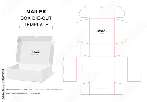 Mailer box die cut template with 3D blank vector mockup for food packaging