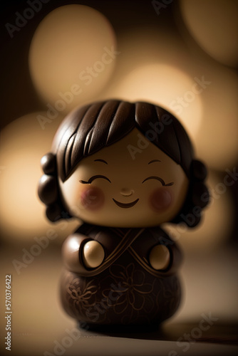 Super-cute chibi Netsuke miniature photograph  happy tiny doll figure   figurine  bokeh background  generative ai