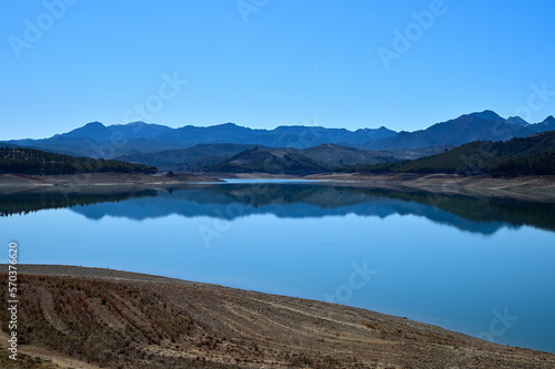 Panoramic view of the Bermejales reservoir (Granada, Spain) a sunny winter morning