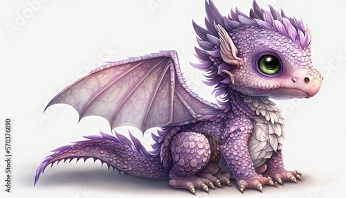  a purple dragon sitting on top of a white floor next to a white wall with a green eye on it's head and wings.  generative ai