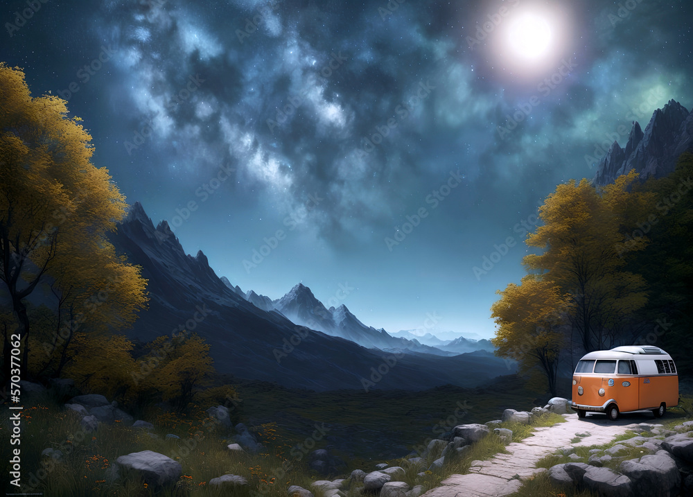 camping in the mountains. trailer car, caravan, journey, rocks, star landscape camping in the mountains. trailer car, caravan, journey, rocks, star landscape