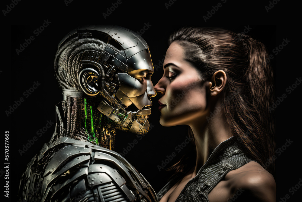 Beautiful woman kissing a male robot - human humanoid romantic relationship with copy space, generative ai Beautiful woman kissing a male robot - human humanoid romantic relationship with copy space, generative ai