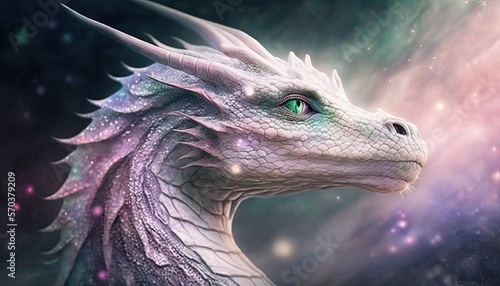 Fotografie a white dragon with green eyes in front of a nebula