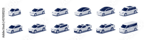 Modern passenger cars body types fleet. Micro mini, small, hatchback, business vehicle, sedan family car, crossover, cuv, suv, pickup, minivan, van. Isolated vector object icons on white background. (ID: 570381255)