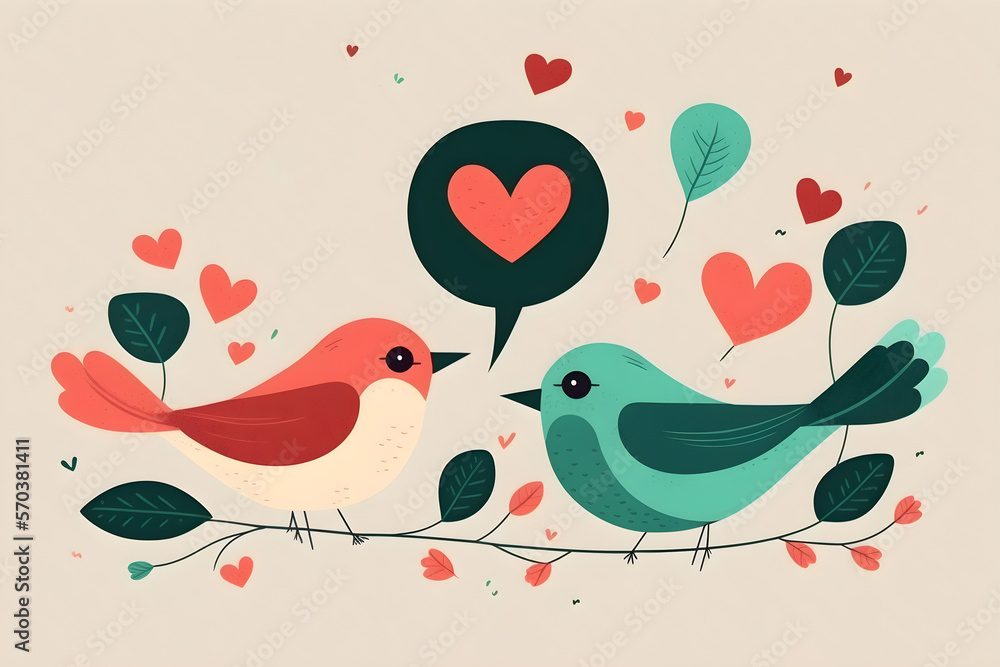 A couple of lovebirds exchanging Valentine's Day wishes. Illustration in cartoon style.