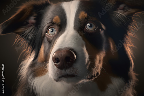 close up portrait of a dog, simple dark background banner. generativ ai 