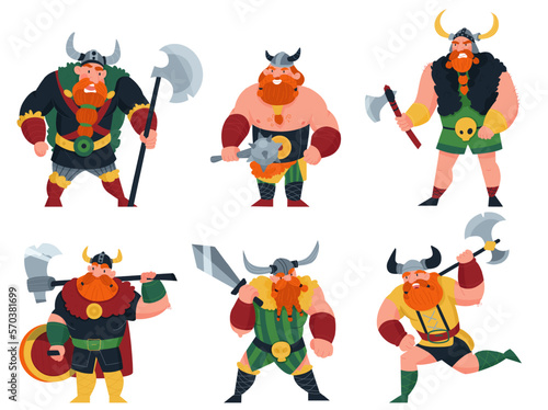 Viking cartoon. Scandinavian mythologyy characters norway costume vikings warrior male and female vector illustrations. Viking and warrior, norway scandinavian people