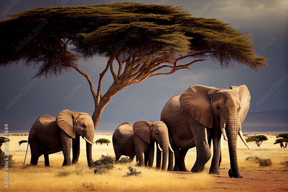 Herd of elephants in the savannah. AI generated