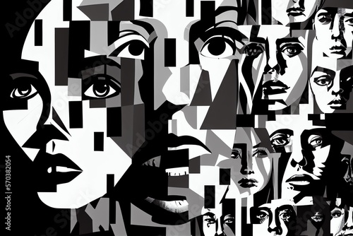 Abstract background with faces collage black and white and colours elements, psychology, stress wallpaper illustration. Generative AI