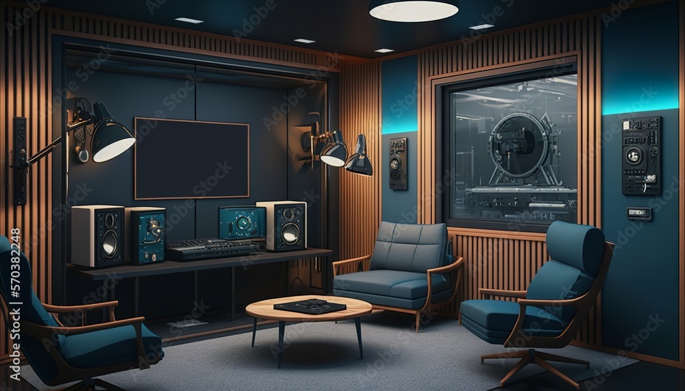 Modern Podcast studio with Microphones Speakers Blank empty screen, warm colors, table, chairs, Generative AI Modern Podcast studio with Microphones Speakers Blank empty screen, warm colors, table, chairs, Generative AI