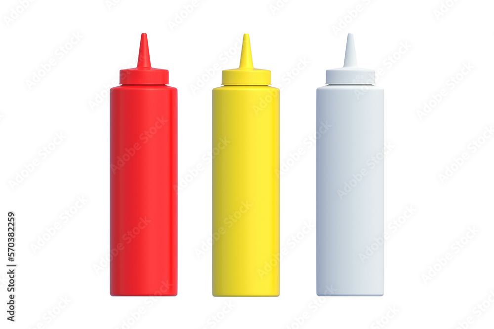 Set of bottles for sauces isolated on white background. 3d render Set of bottles for sauces isolated on white background. 3d render