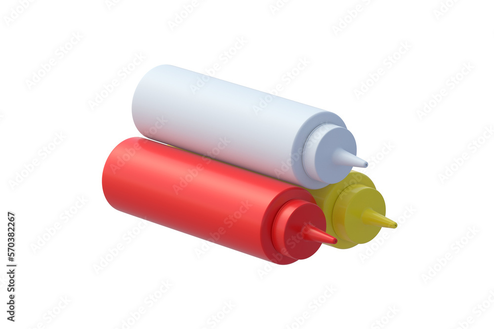 Heap of bottles for sauces isolated on white background. 3d render Heap of bottles for sauces isolated on white background. 3d render