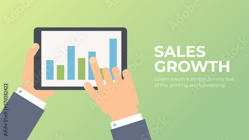 Hands with tablet, sales growth. Bar graphs, data, profit, increase, infographic. Vector illustration. Business sales growth concept.