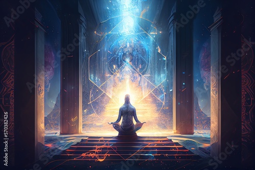 Esoteric spiritual akashic meditation and enlightment concept illustration. Generative AI