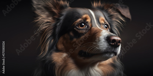 close up portrait of a dog, simple dark background banner. generativ ai  © Luc.Pro